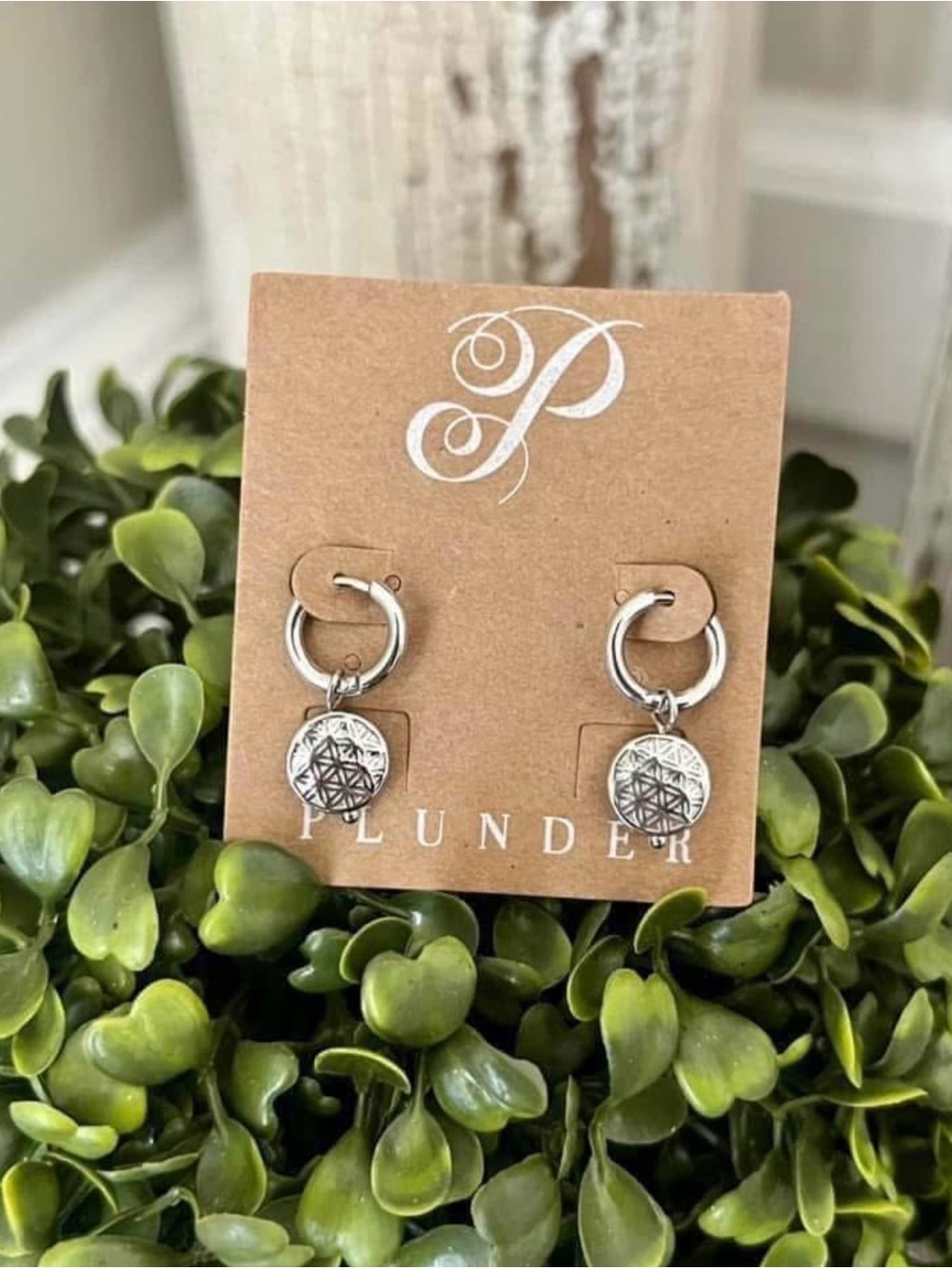 Plunder Private Label Silver-Tone Hoop Earrings Etched Round Charm Minimalist St